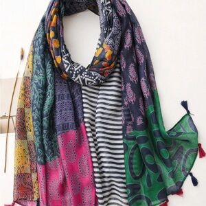 Jewel Toned Multicolor Patterned Women's Scarf with Tassels